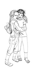 Fototapeta na wymiar Hug Day. Happy girls - girlfriends hug and smile. Two girls are standing in an embrace. Emotions of happiness and joy. Summer, spring, autumn. Sketch on white, hand drawn line art illustration.