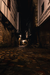 Village street at night in San Martín de Trevejo, Cáceres, Spain