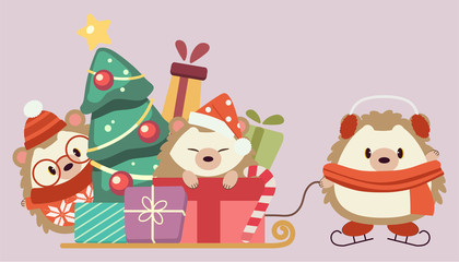 Obraz na płótnie Canvas The character of cute hedgehog with pile of gift box and christmas tree on the sleigh. The cute hedgehog wear a winter hat and scarf and ice skate on the purple background in flat vector style.