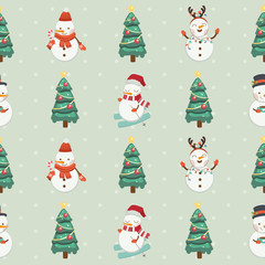 The seamless pattern of snowman and christmas tree on the green background with polka dot. The pattern of cute snowman wear winter hat and deer horn and scarf and candy bar in flat vector style.