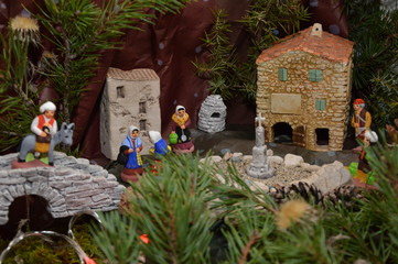 Zoom on Christmas figurines and christmas ornaments 