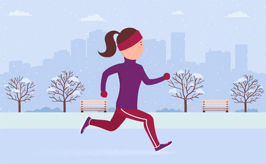 Young woman in sportswear jogging or running in city park in winter. Outdoor workout fresh air, athletics, active healthy lifestyle. Flat cartoon vector illustration runner on background big city.