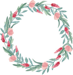 Watercolor hand painted frame  with herbs and flowers. The perfect design for greeting card, menus, cosmetics, natural and organic products. Round frame for decoration, with place for text, title