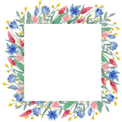 Fototapeta na wymiar Watercolor leaves and flowers romantic frame. Vintage square cornflower, frame with herbs and leaves. Floral frame for decoration, title, greeting card, menus, cosmetics, natural and organic products