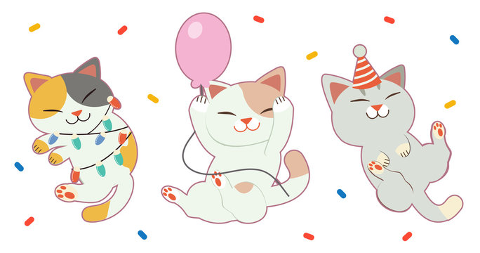 The character of cute cat with a friends dancing in the party. The cute cat wear a party hat and holding a balloon and light bulb. The character of cute cat in flat vector style.