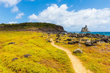 View of the famous Atalaia trail in Fernando de Noronha, Brazil. It is the most popular trail and...