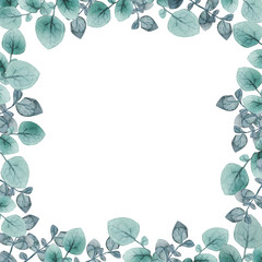 Watercolor leaves, romantic frame. Vintage square frame with herbs, eucalyptus and leaves. Floral frame for decoration, title, greeting card, menus, cosmetics, natural and organic products