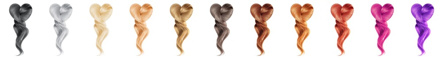 Collection various colors of shiny hair in shape of heart on white background, isolated