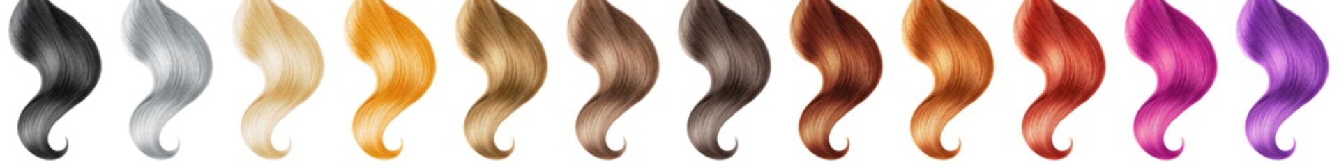 Collection various colors of shiny hair on white background, isolated