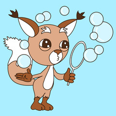emoticon with a cool squirrel that stands and blows bubbles, color vector clip art on blue isolated background