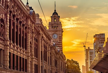The clock tower of the Flinders Street Train Station in the city of Melbourne, Australia in the...