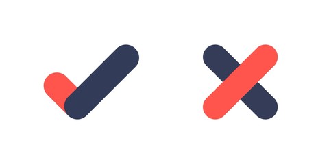 Tick and cross signs, checkmark and x or confirm and deny icon button flat for apps and websites symbol, Isolated sign symbol, Checkmark right symbol tick sign, Test question, checkbox button choose