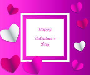 Valentine's day concept background. Vector illustration. 3d red and pink paper hearts with a white square frame.