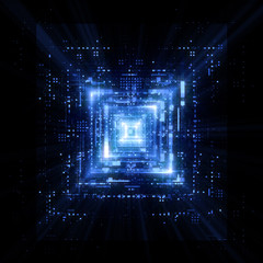 Abstract dark background. Bright box. Shine square. Sci fi shape. Light golden geometry. Smart code. Energy effect. Big data. Vivid streak. Vibrant strings. Digital chip. Glare grid lines. Cubes