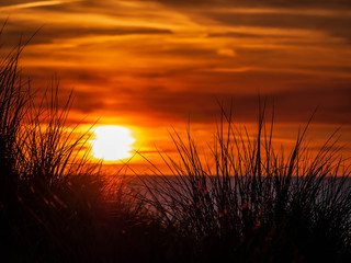 Sun setting behind marram grass covered dunes in the foreground with burning and dramatic sky