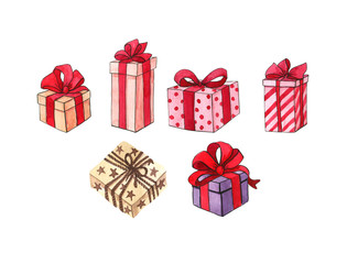 Set of watercolor multi-colored gifts. Watercolor illustration. New year, holidays, boxes, packaging. Template for design.