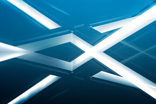 Computer graphics of lighting fixtures. Lamps on dropped ceilings. Abstract modern architecture of an office building interior fragment resembling glowing girders. Background with geometric structure.