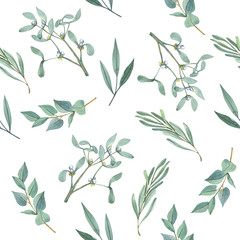 Watercolor print, seamless pattern, wrapping paper. New year, christmas, nature. Print of green watercolor botanical branches. Textile design.