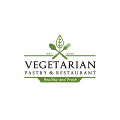 Luxury Fresh Vegetable Leaf with Spoon Fork Knife for Vegan Restaurant Bar Bistro Vintage Retro Logo design vector