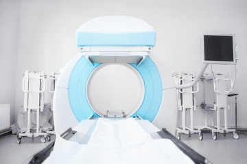 CT scan (Computer Tomography) in hospital laboratory. Modern medical equipment for early diagnosis in oncology.