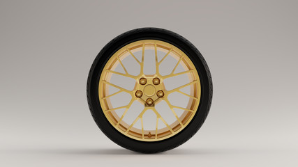 Black an Gold Alloy Rim Wheel with a Complex Multi Spokes Open Wheel Design with Racing Tyre 3d illustration 3d render