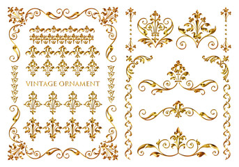 Vintage ornament set. Metallic golden frame and border.