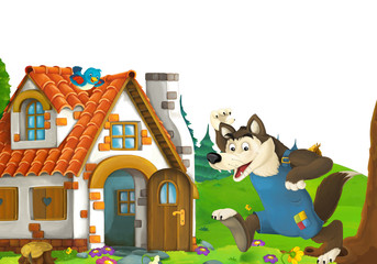 Obraz na płótnie Canvas cartoon scene with home of three pigs farmers near the meadow with white background space for text - illustration for children