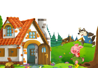 Fototapeta na wymiar cartoon scene with home of three pigs farmers near the meadow with white background space for text - illustration for children