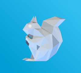 White Plaster Cartoon Squirrel on Blue Background. Low Poly Vector 3D Rendering