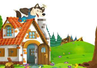 Obraz na płótnie Canvas cartoon scene with home of three pigs farmers near the meadow with white background space for text - illustration for children