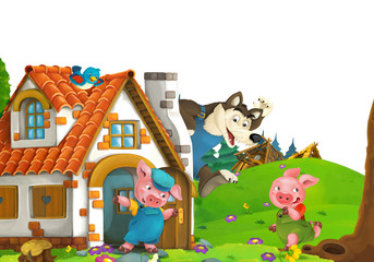 cartoon scene with home of three pigs farmers near the meadow with white background space for text - illustration for children