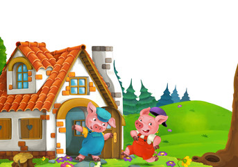 cartoon scene with home of three pigs farmers near the meadow with white background space for text - illustration for children