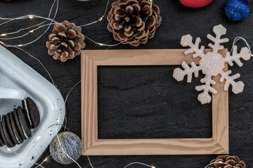 Christmas decoration with Empty wooden frame for work about design element.  Selective focus, Top view.