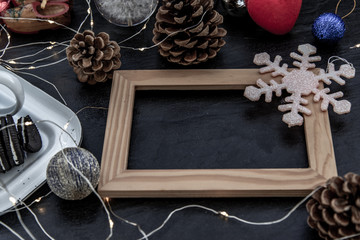 Christmas decoration with Empty wooden frame for work about design element.  Selective focus.