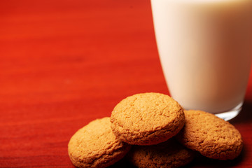 The milk and cookies. Tasty and healthy. Close up.