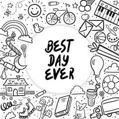 Doodle set of objects from a child’s life. Happy birthday vector illustration