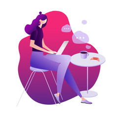 A girl sitting at cafe working on laptop. vector illustrations. character design. freelancer, blogging concept, creating content, chatting online, can use for web page, template, mobile app