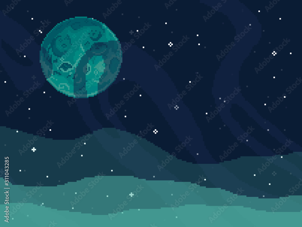 Poster vector retro futuristic background. abstract digital landscape with particles dots and stars on hori
