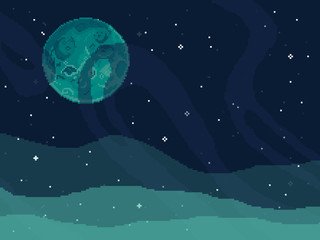 Vector retro futuristic background. Abstract digital landscape with particles dots and stars on horizon. Pixel art background. 8 bit. Planet in space. Retro game design interface. 
