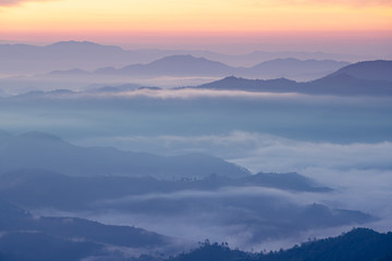 Fototapeta na wymiar Landscape of Sunrise and sea of clouds over mountains layer District Mae Hong Son, THAILAND.