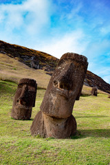 Moai on Ranu Raraku Volcan. Ester Island Landscape