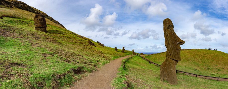 Moai on Ranu Raraku Volcan. Ester Island Landscape
