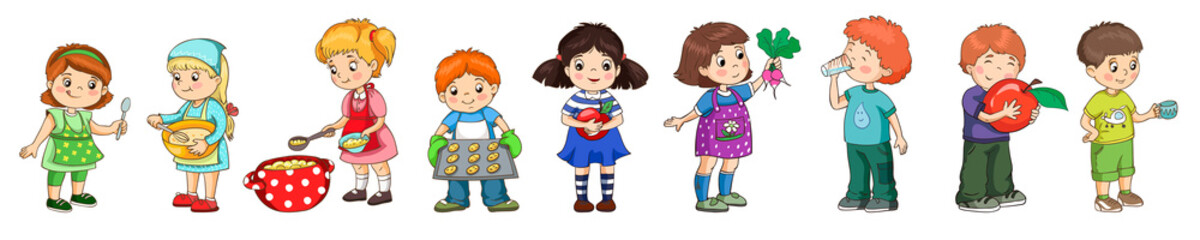 Vector kids for menu templates. Children eat healhy food and cooking.