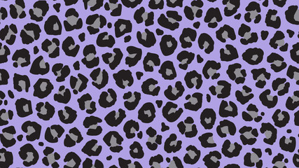 Seamless leopard fur pattern. Fashionable wild leopard print background. Modern panther animal fabric textile print design. Stylish vector black grey and lilac illustration.