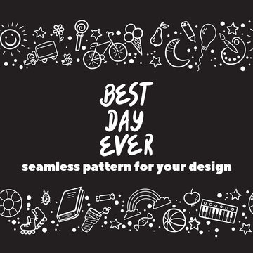 Doodle set of objects from a child’s life, sketch outline elements for you design. Seamless pattern background. Vector illustration isolated on black background