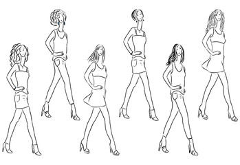 Sketches of slender young women striding on catwalk