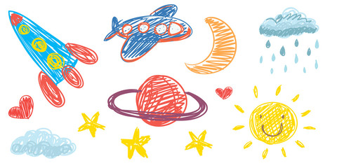 Vector kids drawing sketches with rocket, spaceship, planet, alien, moon, star, cloud, sun.