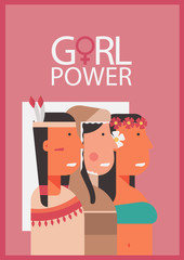 girl power concept poster, character of diversity young woman, female, feminist and lady for landing page, banner and card vector flat illustration