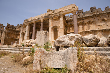 Fototapeta na wymiar Portico. The Great Court. The ruins of the Roman city of Heliopolis or Baalbek in the Beqaa Valley. Baalbek, Lebanon - June, 2019