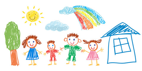 Obraz na płótnie Canvas Father, mother, son and daughter together. Happy family with house and rainbow. Vector illustration kids drawing style.